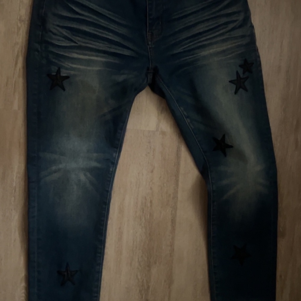Amiri Distressed Denim Dark Leather Star